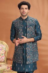 Rama Blue Silk Embroidered and Sequin Worked Jacket Indo Western Set